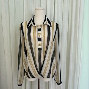 Cabi Caliber Blouse #4339 Ivory Gold DK Gray pattern size M